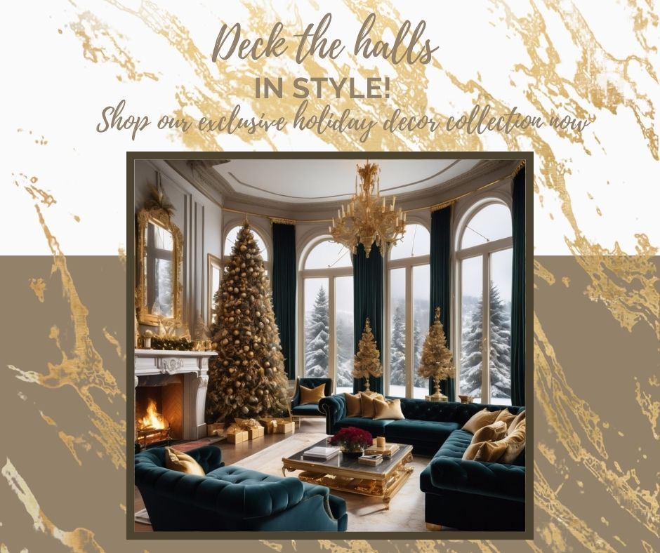 Luxurious living room with grand Christmas tree, velvet sofas, golden ornaments, and snowy views