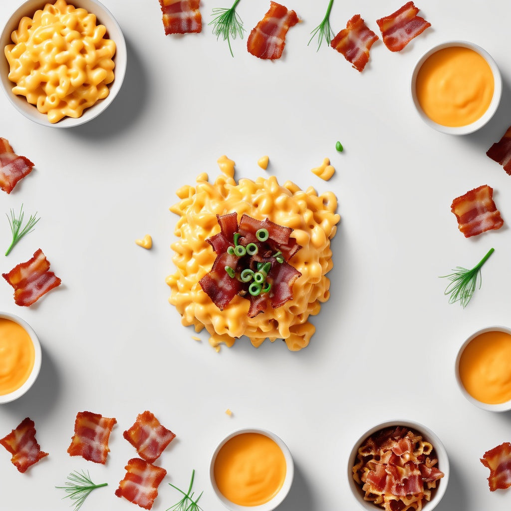 A clean white background with mac and cheese, crispy bacon bits, chives, and cheddar cheese scattered in the corners.