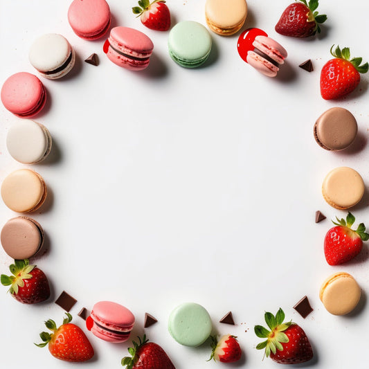 A clean white background with macarons, chocolate truffles, and strawberries in the corners.