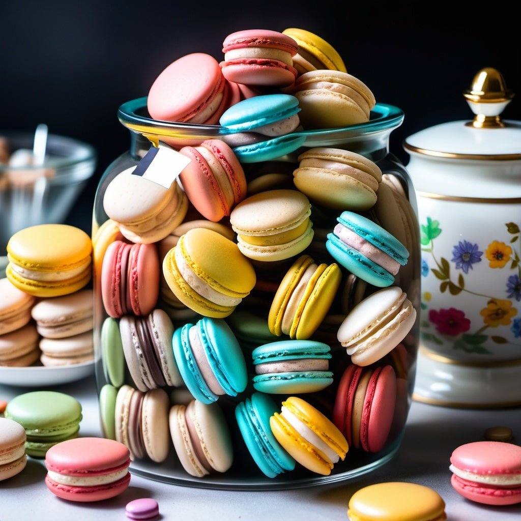 Close-up of a cookie jar filled with colorful macarons and biscotti with intricate details.