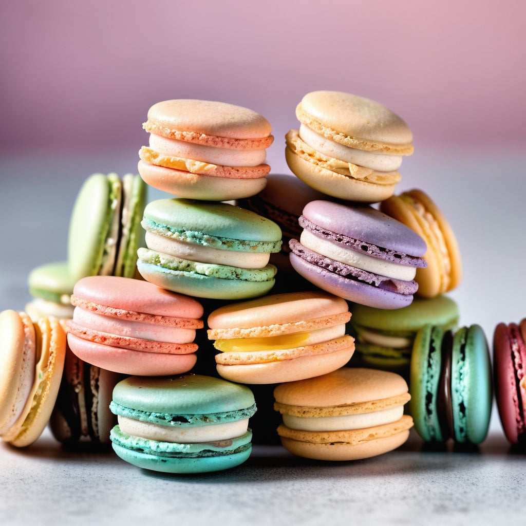 Colorful macarons with various flavored fillings