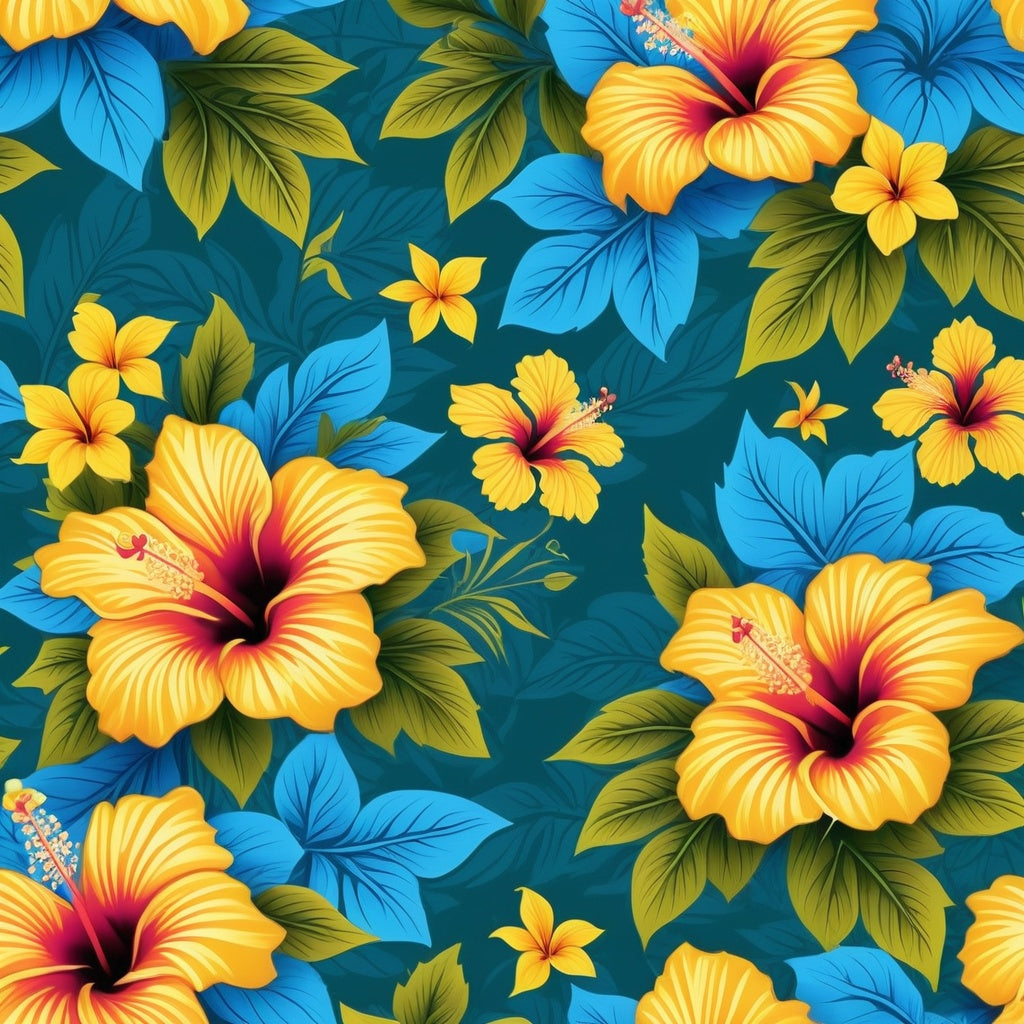 Vibrant hibiscus floral pattern inspired by Mauritius' tropical flora, featuring bright blues and yellows