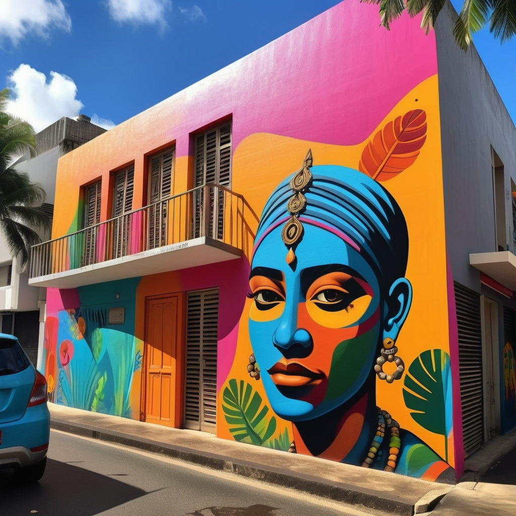 Unique street art design featuring local Mauritian culture, with bright colors and abstract art elements