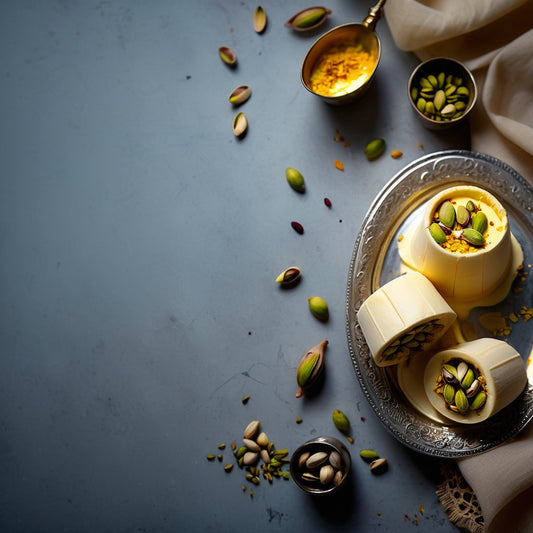 Melting Creamy Kulfi on an Antique Silver Plate with Pistachios and Saffron