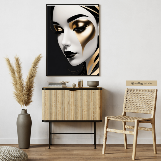 Minimalist black-and-gold silhouette of a woman’s face with subtle gold accents.