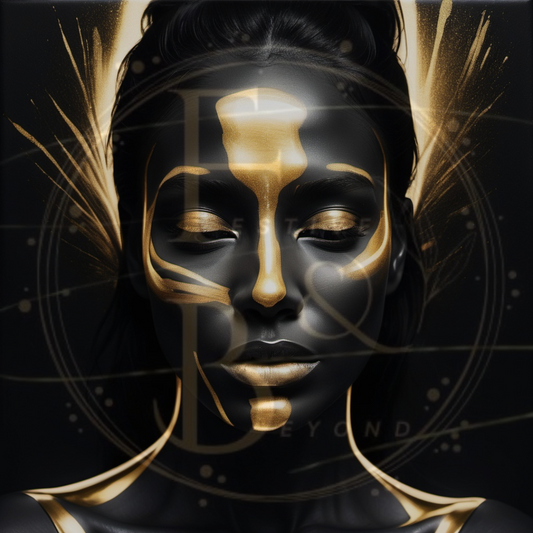 Minimalist abstract woman's face with gold glitter streaks, set on a matte black background.