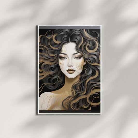 Elegant minimalist portrait of a woman with wavy hair and gold glitter highlights.