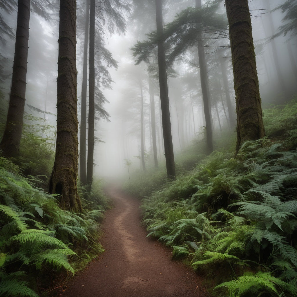 A winding forest path surrounded by tall trees, covered in mist, creating a mysterious and peaceful atmosphere.