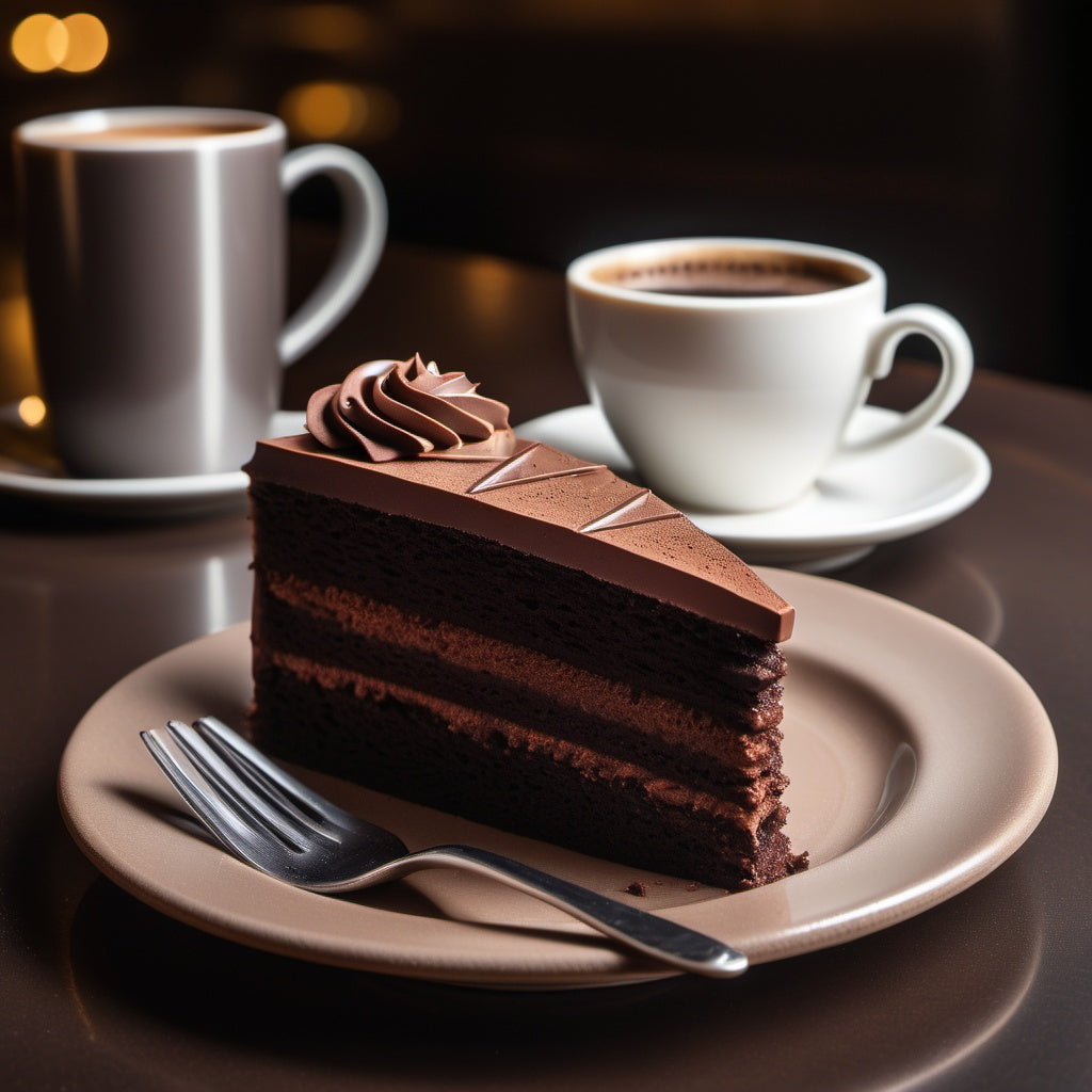 Close-up shot of a slice of chocolate cake and a rich mocha coffee with soft lighting highlighting textures.