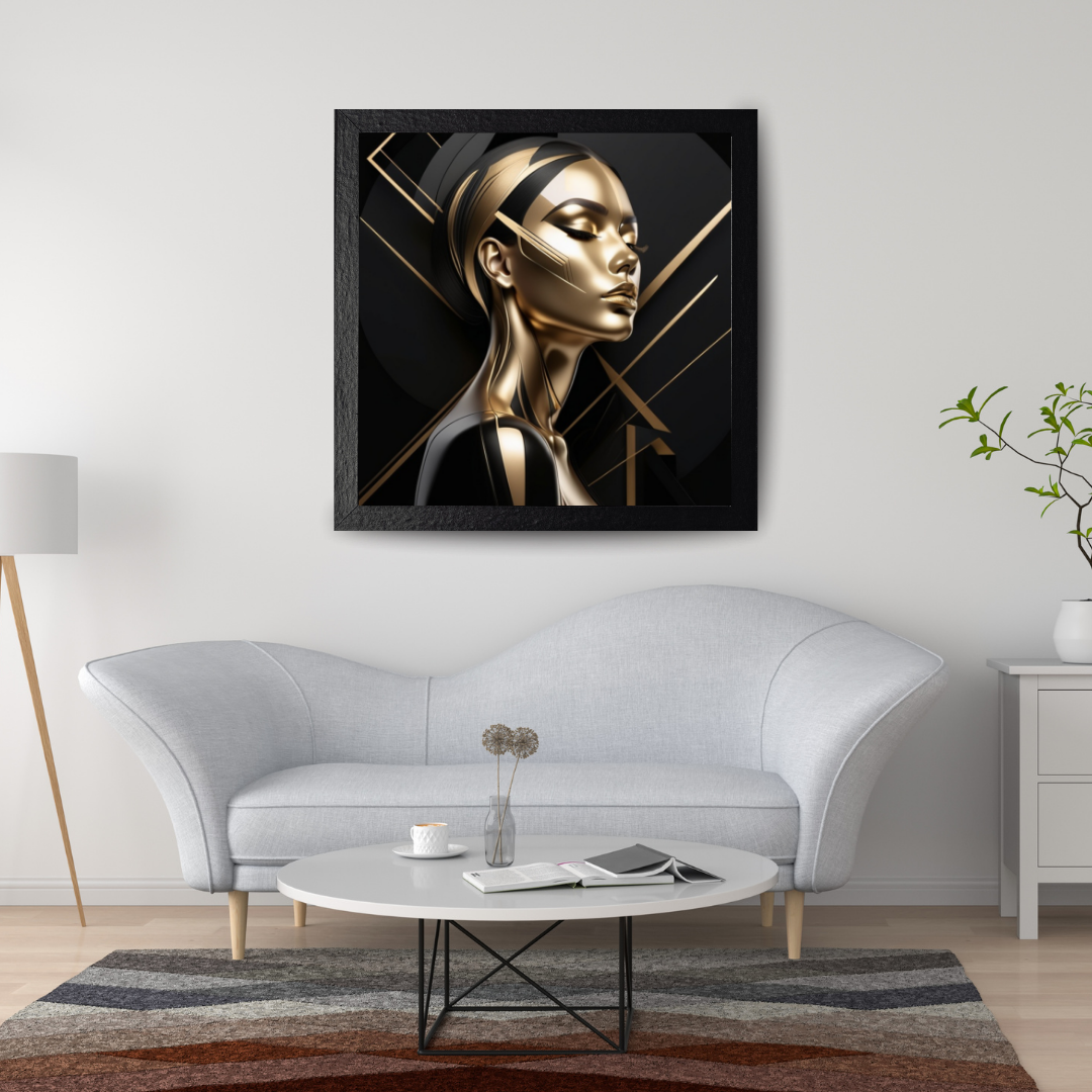 Abstract woman’s face with geometric gold features.