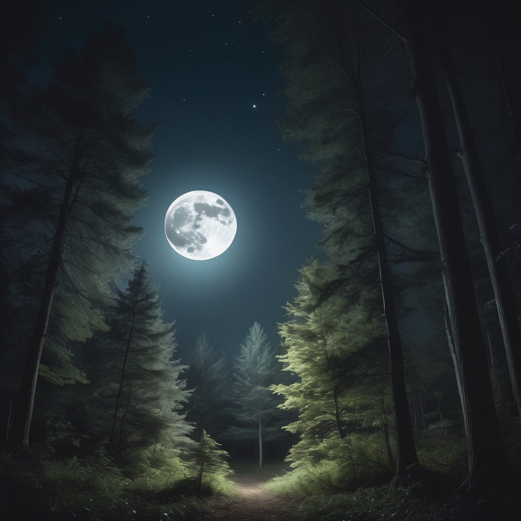 A tranquil forest illuminated by a full moon under a starry night sky, evoking a sense of calm and wonder.