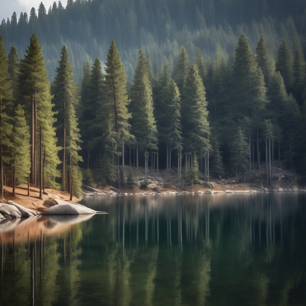 A serene mountain lake reflecting tall pine trees and surrounding mountain peaks, offering a calm and tranquil ambiance.