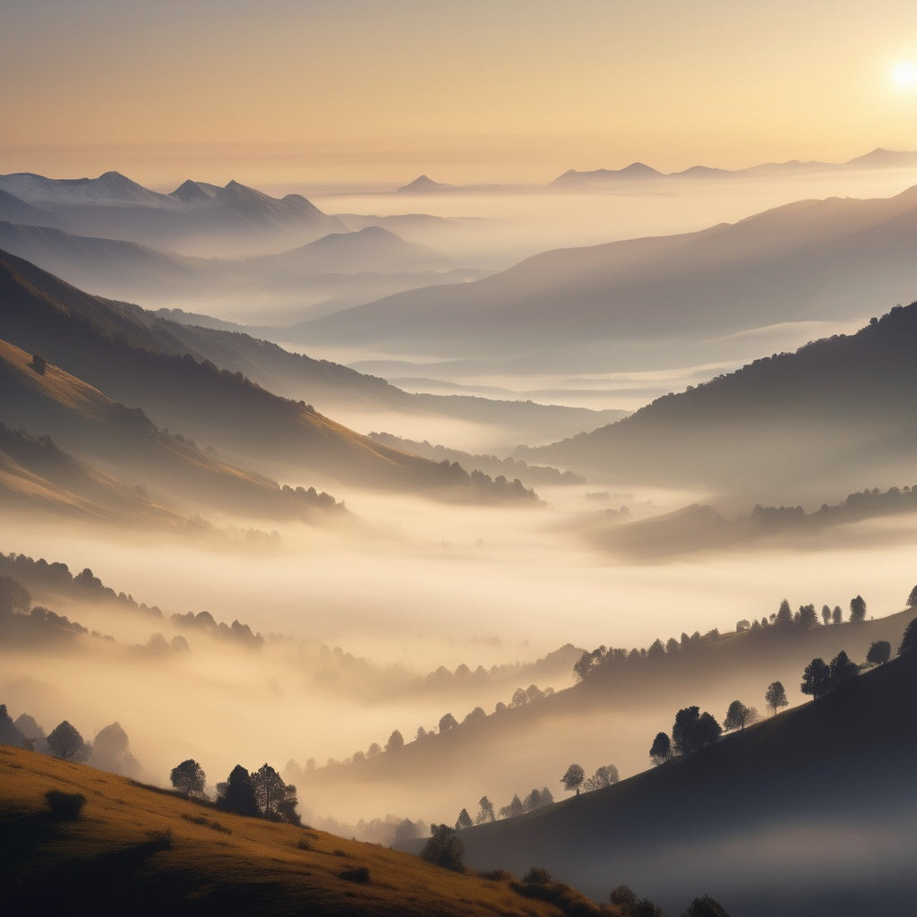 A peaceful mountain range bathed in soft golden light at sunrise, with mist rolling over the valleys.