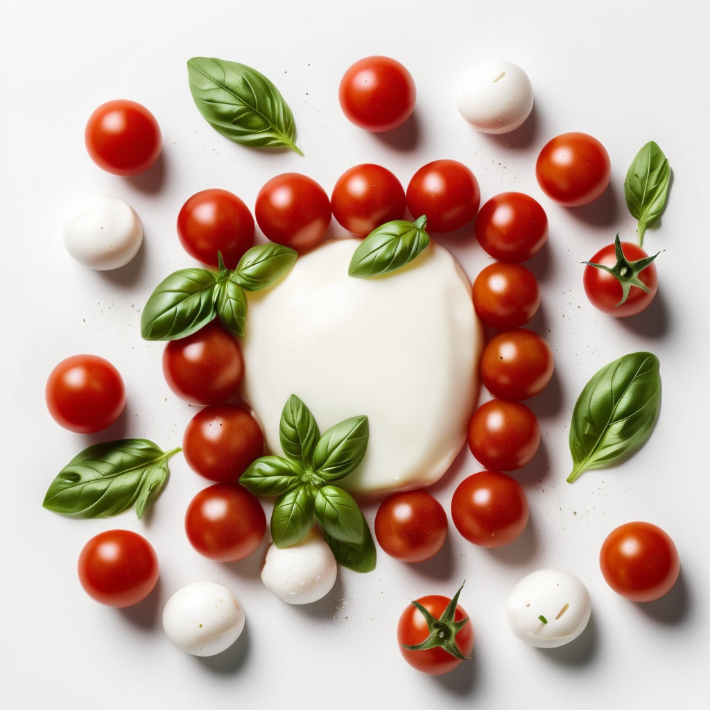 A clean white background with cherry tomatoes, mozzarella balls, and fresh basil leaves in the corners.