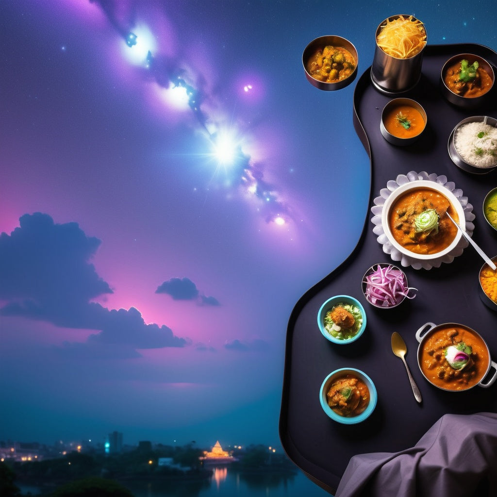 Surreal Neon Pav Bhaji Served in a Floating Lotus Under Starlit Sky