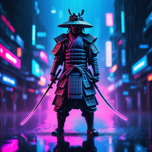 A samurai with glowing armor standing under a rain of holographic digital code