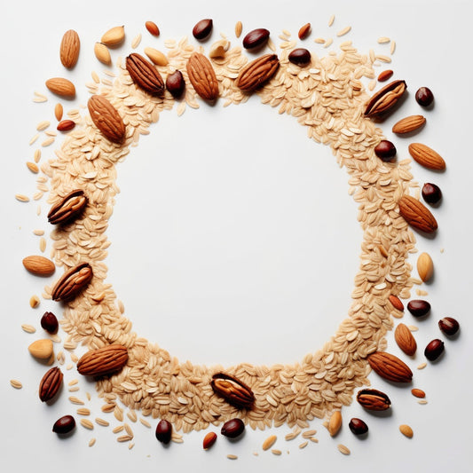 A white background with oats and nuts scattered along the borders, leaving the center clear for product placement.