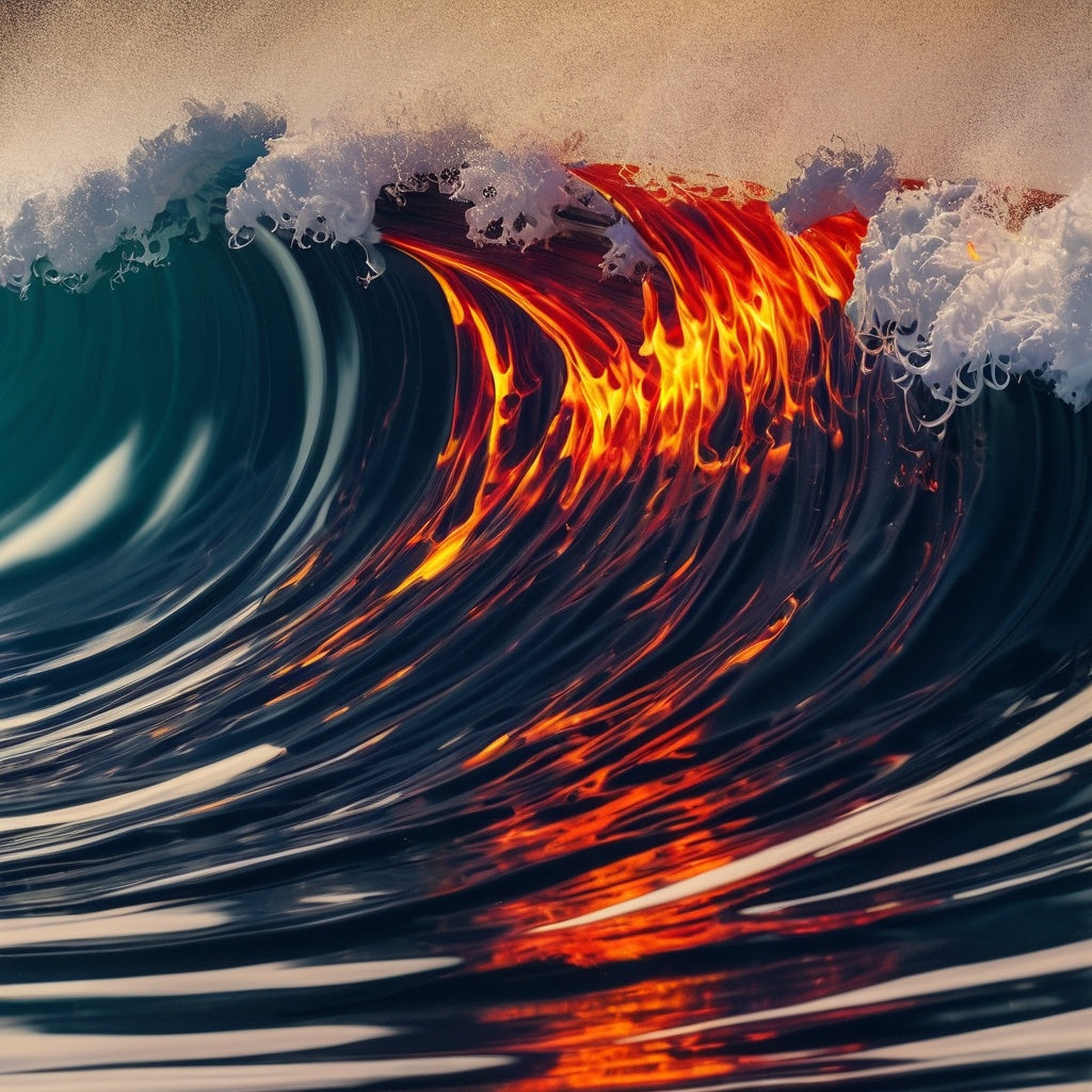 A stormy ocean where waves are made of glowing liquid fire instead of water