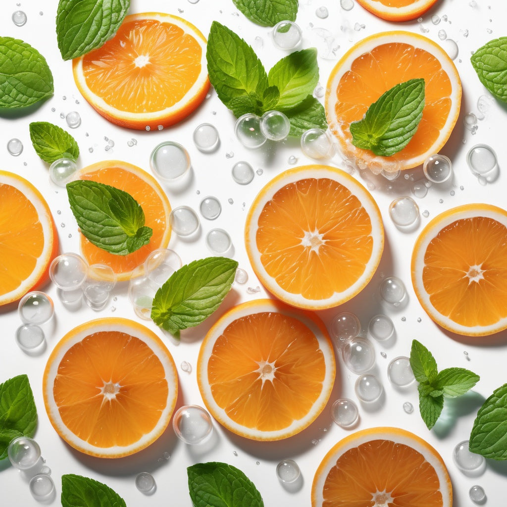 A clean white background with orange slices, mint leaves, and soda bubbles scattered in the corners.