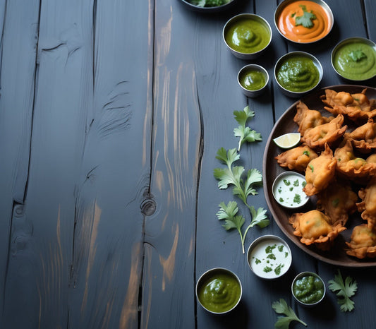 Crispy Pakora with Green Chutney and Fresh Coriander