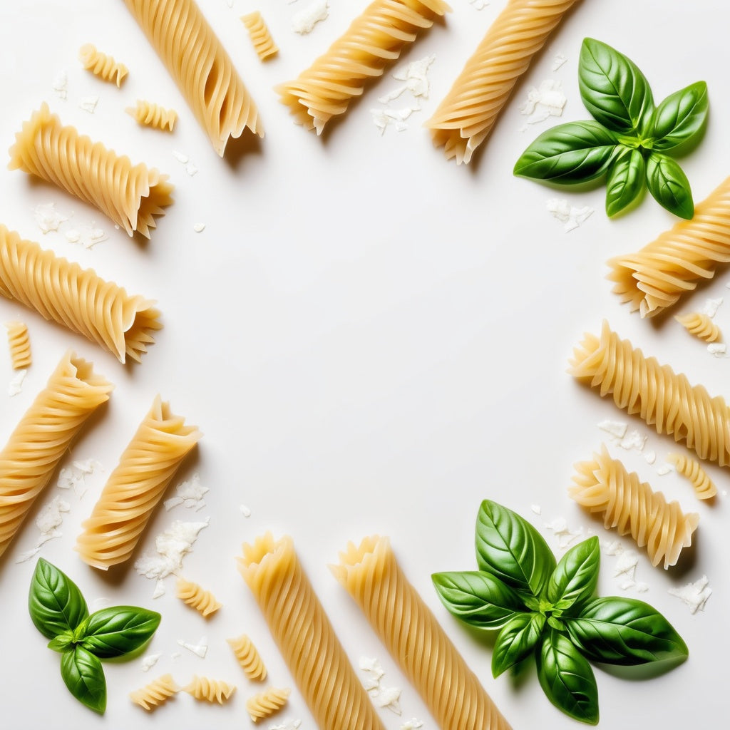 A white background with uncooked pasta (spaghetti, fusilli), parmesan shavings, and basil leaves scattered along the borders, leaving space in the center for product placement.