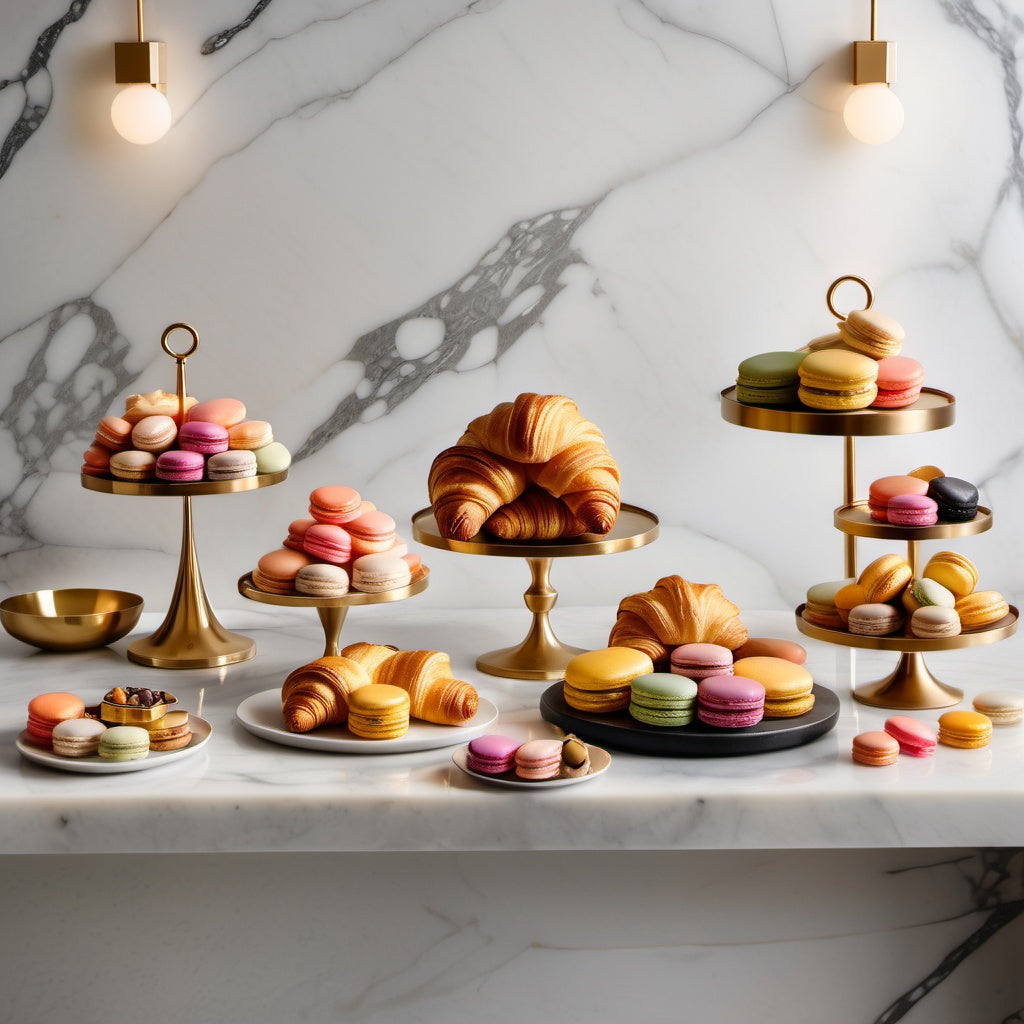 An elegant display of croissants, macarons, and delicate pastries on a marble countertop with soft lighting.