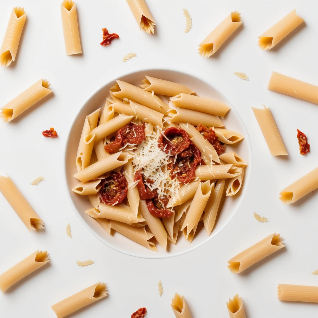 A white background with penne pasta, sundried tomatoes, and parmesan cheese scattered around the edges, leaving space in the center for product placement.