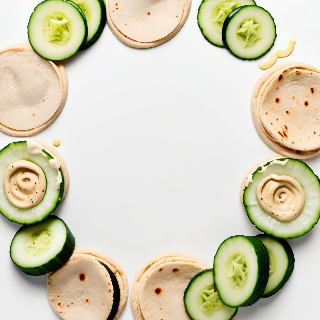 A clean white background with pita bread, hummus, and cucumber slices in the corners.