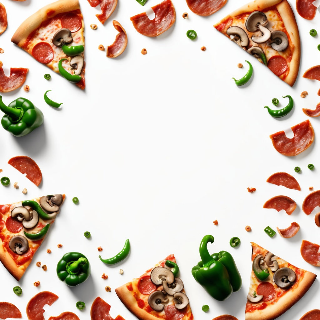 A clean white background with pizza slices, pepperoni, green peppers, and mushrooms scattered in the corners.