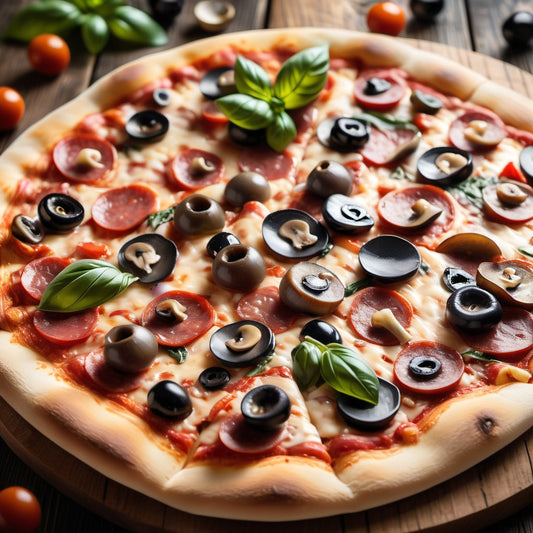 Close-up shot of a gourmet pizza with pepperoni, mushrooms, and basil on a rustic wooden board.