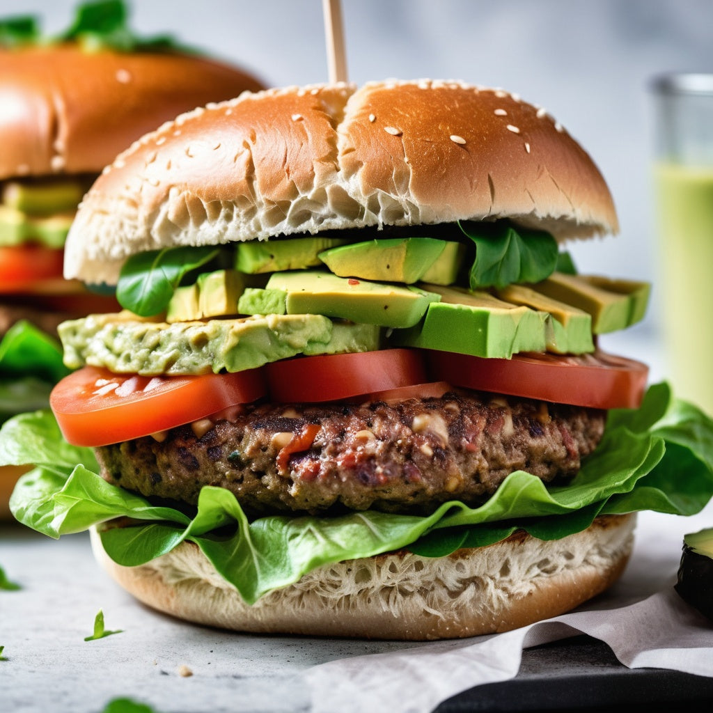 Plant-based burger with lettuce, tomato, and avocado