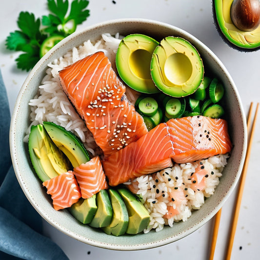 Poke bowl with salmon, avocado, cucumber, and sesame seeds