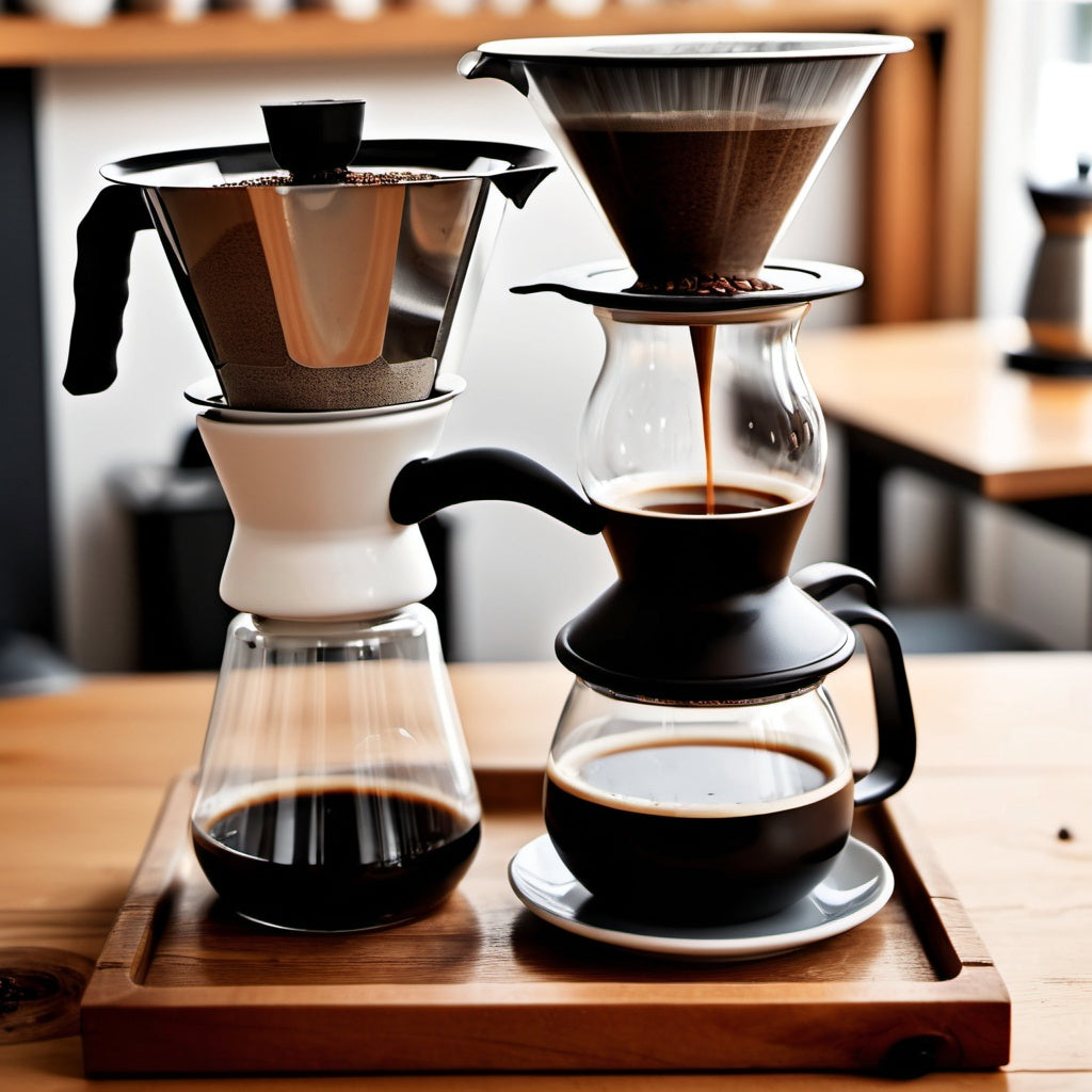 Close-up of a pour-over coffee brewing setup, with fresh coffee grounds and a wooden table.