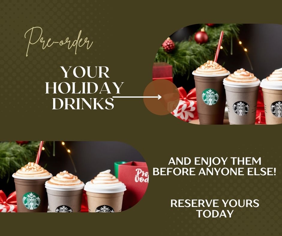 Coffee drinks with holiday decorations and a "Pre-order now" sign.