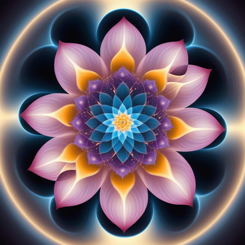 A glowing lotus floating in a swirling cosmic energy vortex