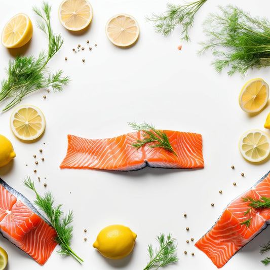 A clean white background with raw salmon, lemon wedges, and dill sprigs in the corners.