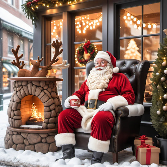 Santa in armchair by fireplace with frothy reindeer cappuccino, Christmas lights, wreaths