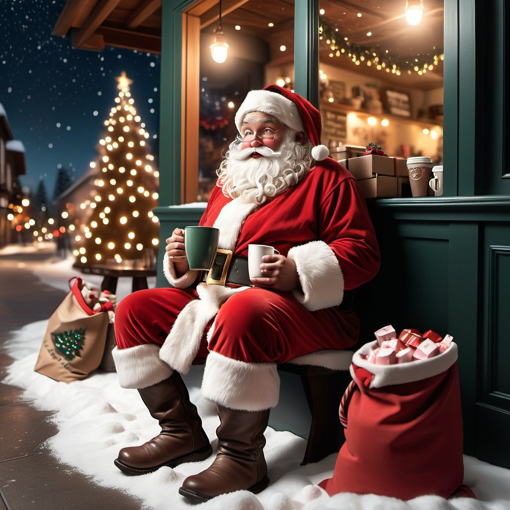 Santa entering coffee shop with a sack of gifts and Christmas decorations