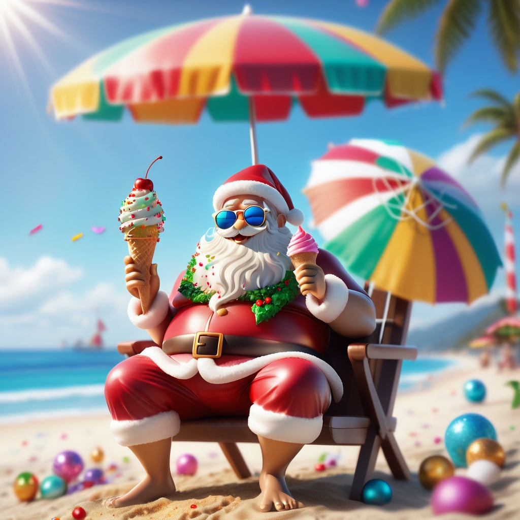 Santa with aviator sunglasses holding festive ice cream under a beach umbrella