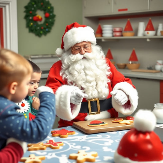 Santa teaching families to bake and decorate Christmas cookies shaped like reindeer, bells, and Santa hats.