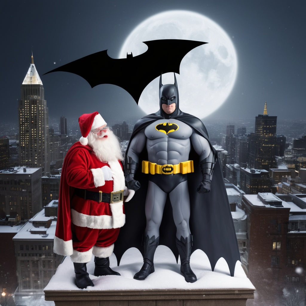 Santa and Batman standing on Gotham rooftop, Santa with sack of presents