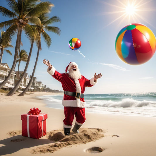 Santa tossing beach ball on beach, Christmas presents scattered in sand, holiday lights on palm trees