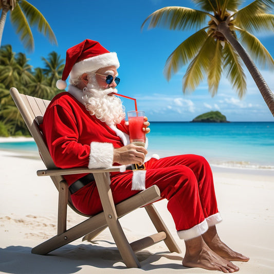 Santa relaxing on beach chair, sipping coconut water, tropical beach, red hat, blue water, golden sand