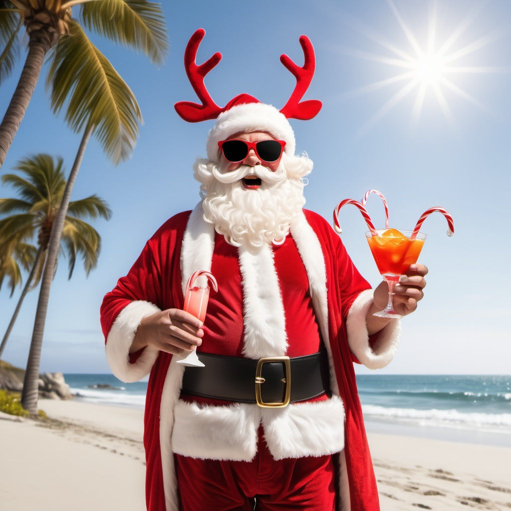 Santa wearing reindeer-shaped sunglasses with a red towel and holding a Christmas cocktail on the beach