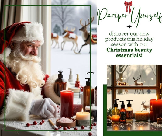 Santa at a vanity table surrounded by beauty products, bath salts, and a festive red candle