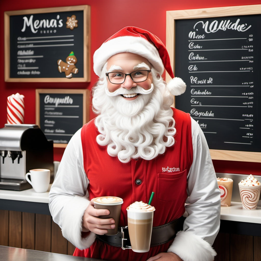 Santa at a bustling coffee shop holding a menu with cheerful grin, elf barista, holiday-themed drinks