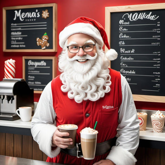 Santa at a bustling coffee shop holding a menu with cheerful grin, elf barista, holiday-themed drinks