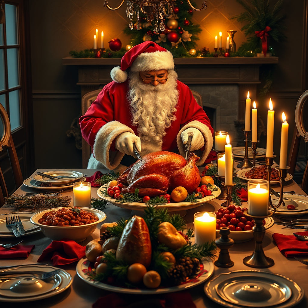 Santa carving a roast turkey at a dinner table surrounded by candles, side dishes, and Christmas decorations.