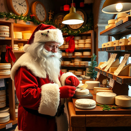 Santa offering samples of holiday cheeses infused with cranberries or herbs in a quaint Christmas-themed cheese shop.