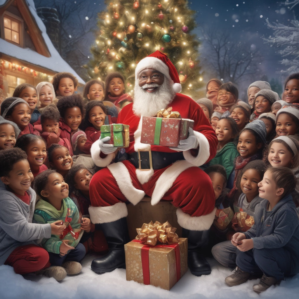 Cheerful Santa Claus surrounded by diverse children holding gifts, snowy background